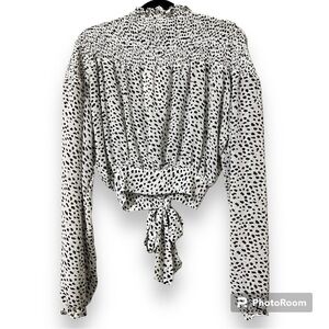 Pink Diamond women’s small crop blouse mock neck bishop sleeve keyhole back ties